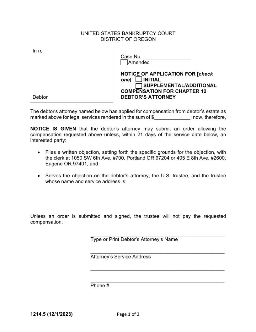 Notice Of Application For Compensation For Chapter 12 Attorney {1214.5} | Pdf Fpdf Docx | Oregon