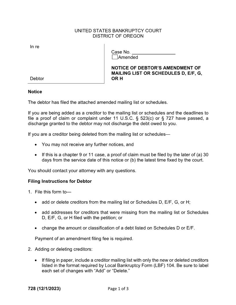 Notice Of Debtors Amendment Of Schedules {728} | Pdf Fpdf Docx | Oregon