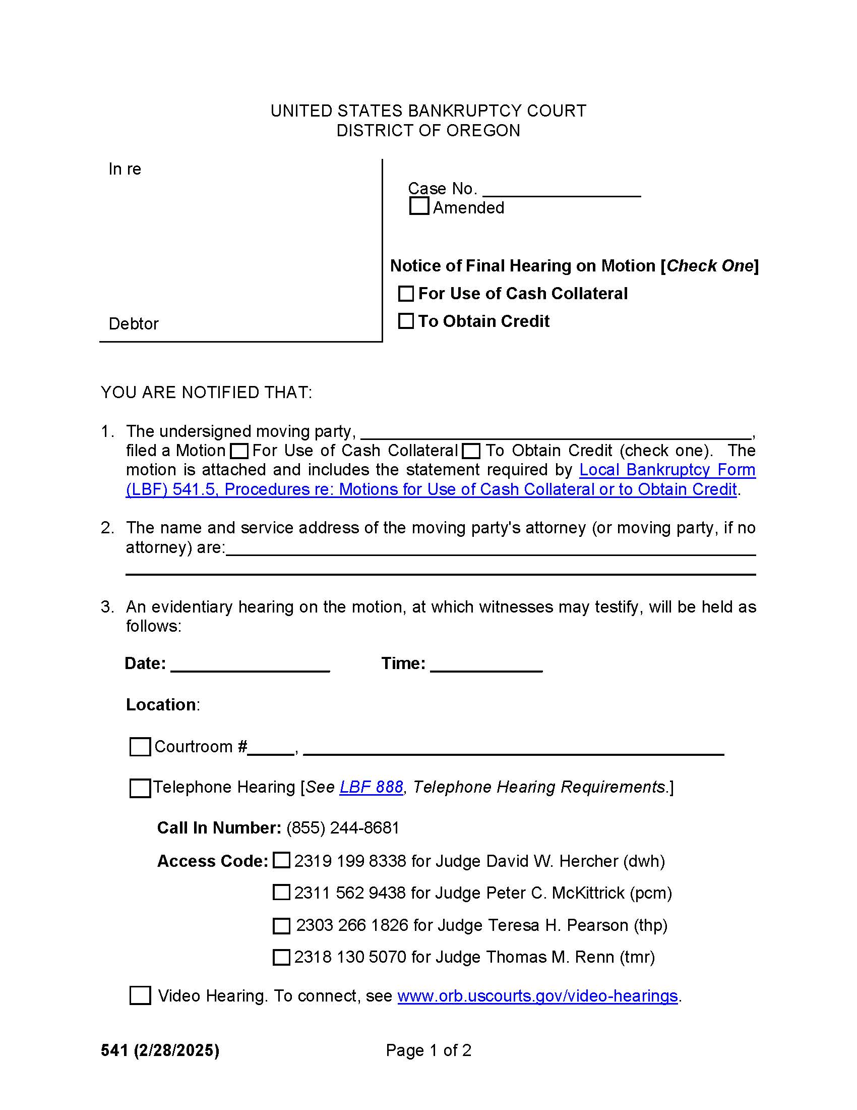 Notice Of Final Hearing On Motion For Use Of Cash Or Credit {541} | Pdf Fpdf Docx | Oregon