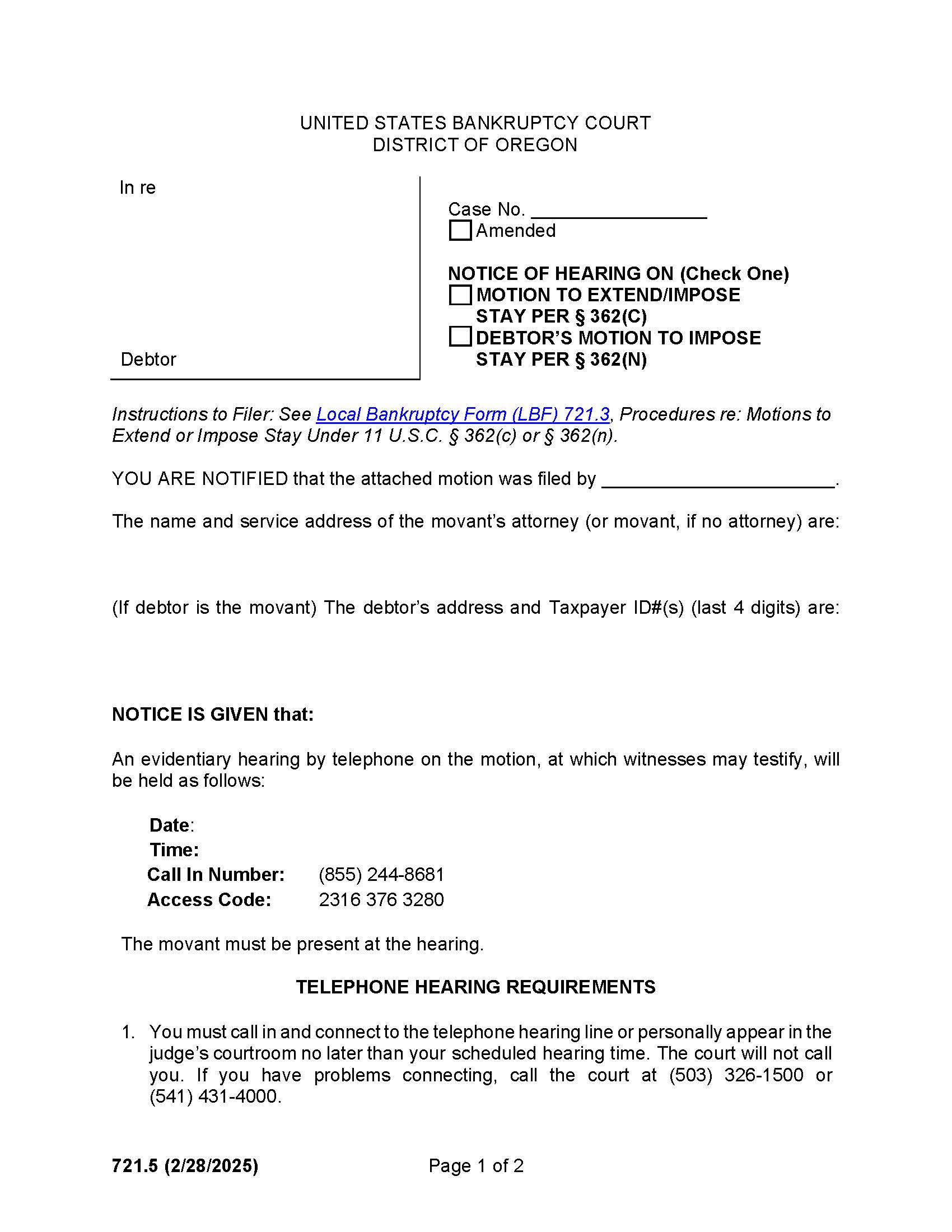 Notice Of Hearing On Extend Or Stay {721.5} | Pdf Fpdf Doc Docx | Oregon