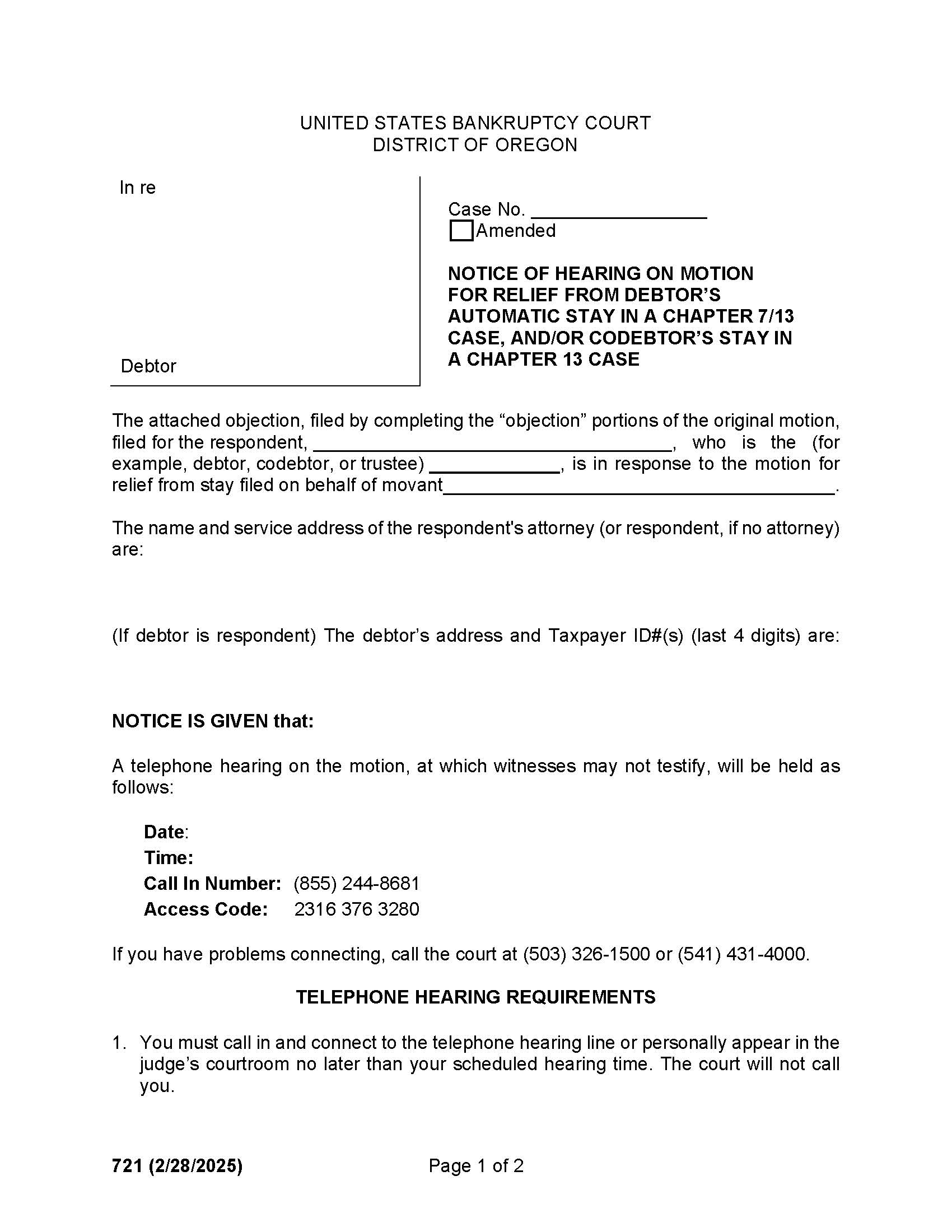 Notice Of Hearing On Motion For Relief From Automatic Stay {721} | Pdf Fpdf Doc Docx | Oregon