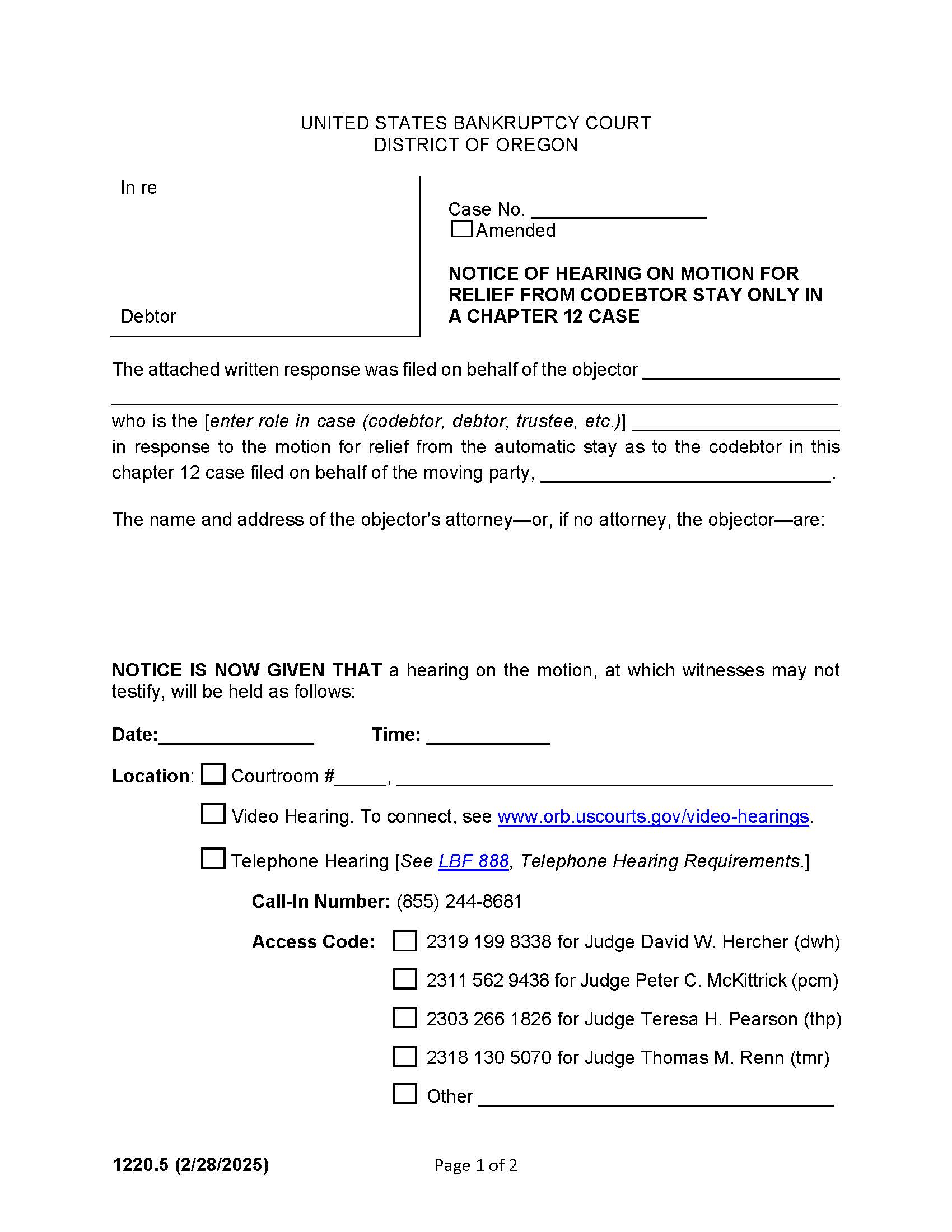 Notice Of Hearing On Motion For Relief From Codebtor Stay Only In Chapter 12 Case {1220.5} | Pdf Fpdf Doc Docx | Oregon