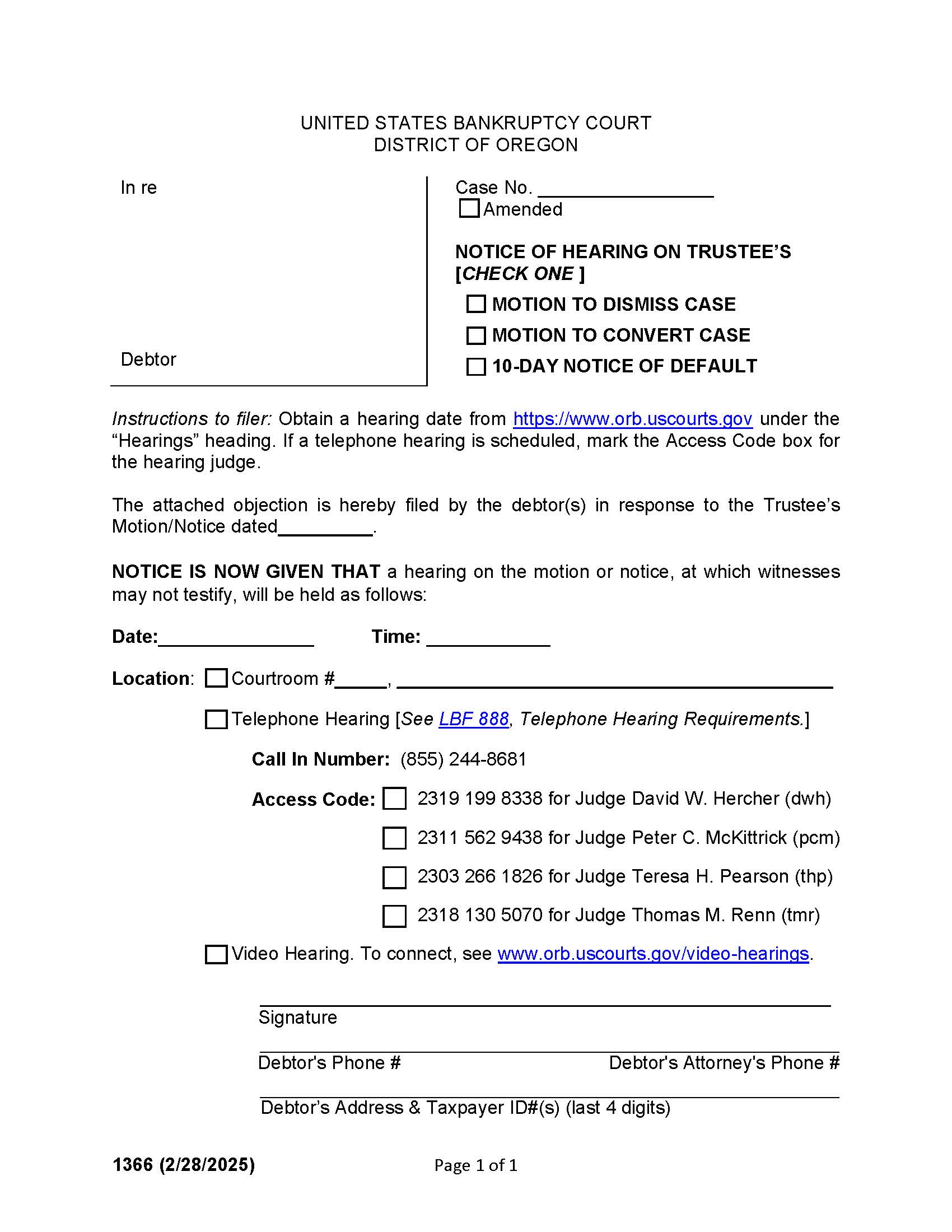 Notice Of Hearing Trustees Motion To Dismiss Or Convert Ch 13 {1366} | Pdf Fpdf Docx | Oregon