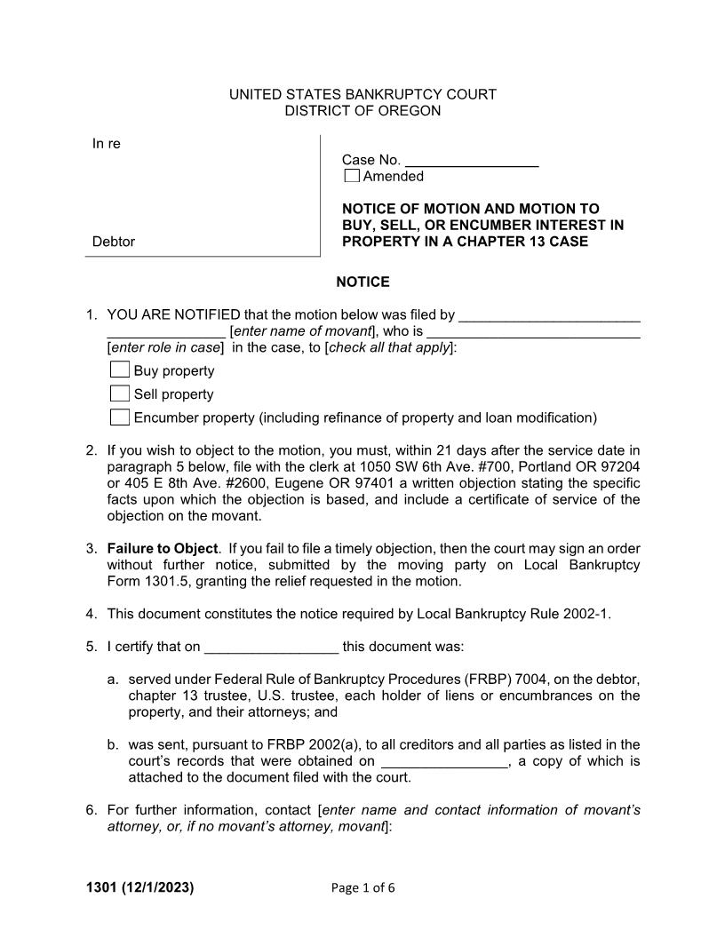 Notice Of Motion And Chapter 13 Debtors Motion To Buy Sell {1301} | Pdf Fpdf Docx | Oregon