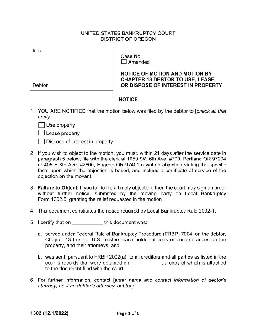 Notice Of Motion And Motion By Chapter 13 Debtor To Use Lease  {1302} | Pdf Fpdf Docx | Oregon