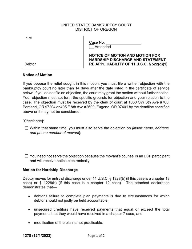 Notice Of Motion For Hardship Discharge And Fixing Times For Filing Objections To Motion And Complaints {1378} | Pdf Fpdf Doc Docx | Oregon