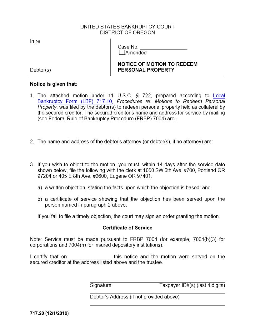 Notice Of Motion For Redemption Of Personal Property {717.20} | Pdf Fpdf Docx | Oregon