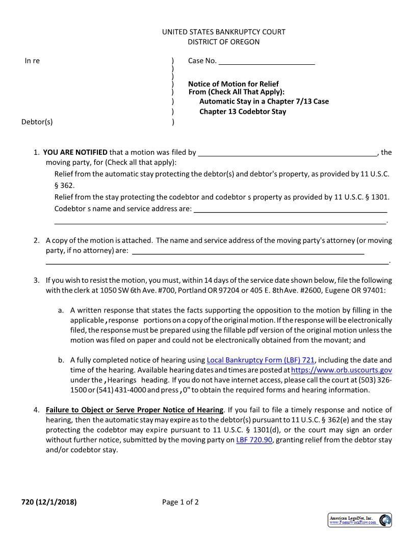 Notice Of Motion For Relief From Automatic Stay {720} | Pdf Fpdf Docx | Oregon