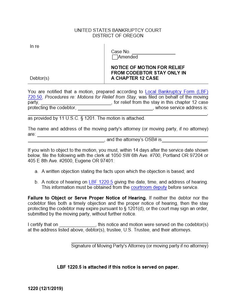 Notice Of Motion For Relief From Codebtor Stay Chapter 12 {1220} | Pdf Fpdf Docx | Oregon