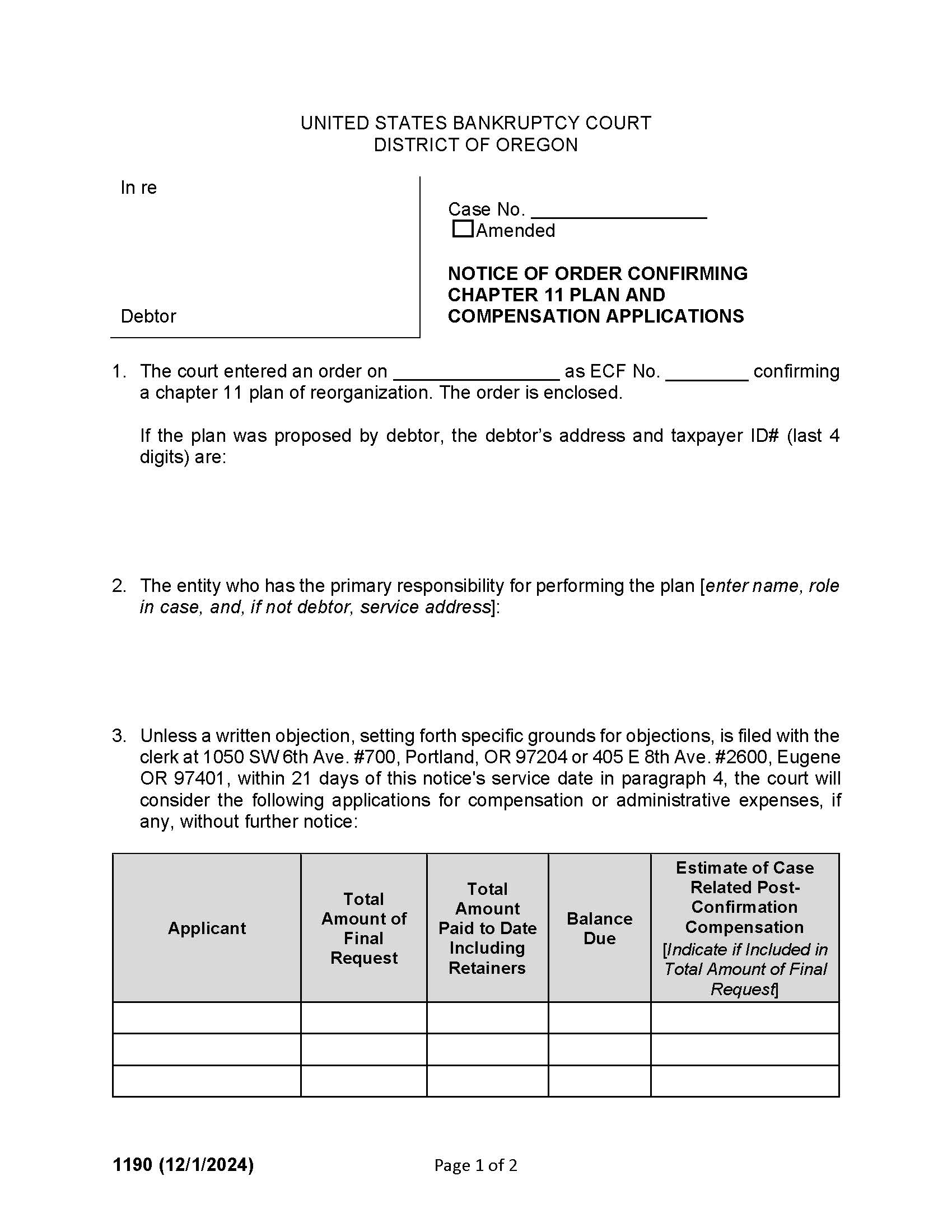 Notice Of Order Confirming Chapter 11 Plan {1190} | Pdf Fpdf Docx | Oregon