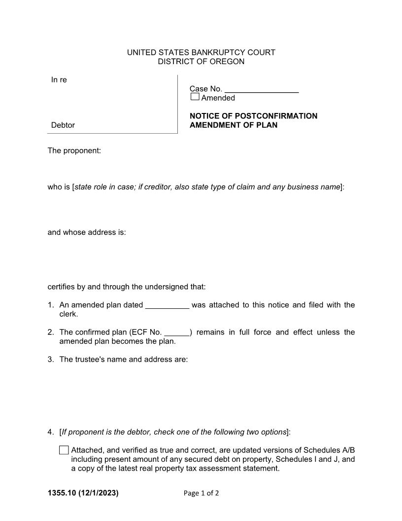 Notice Of Post Confirmation Modification Of Plan {1355.10} | Pdf Fpdf Docx | Oregon