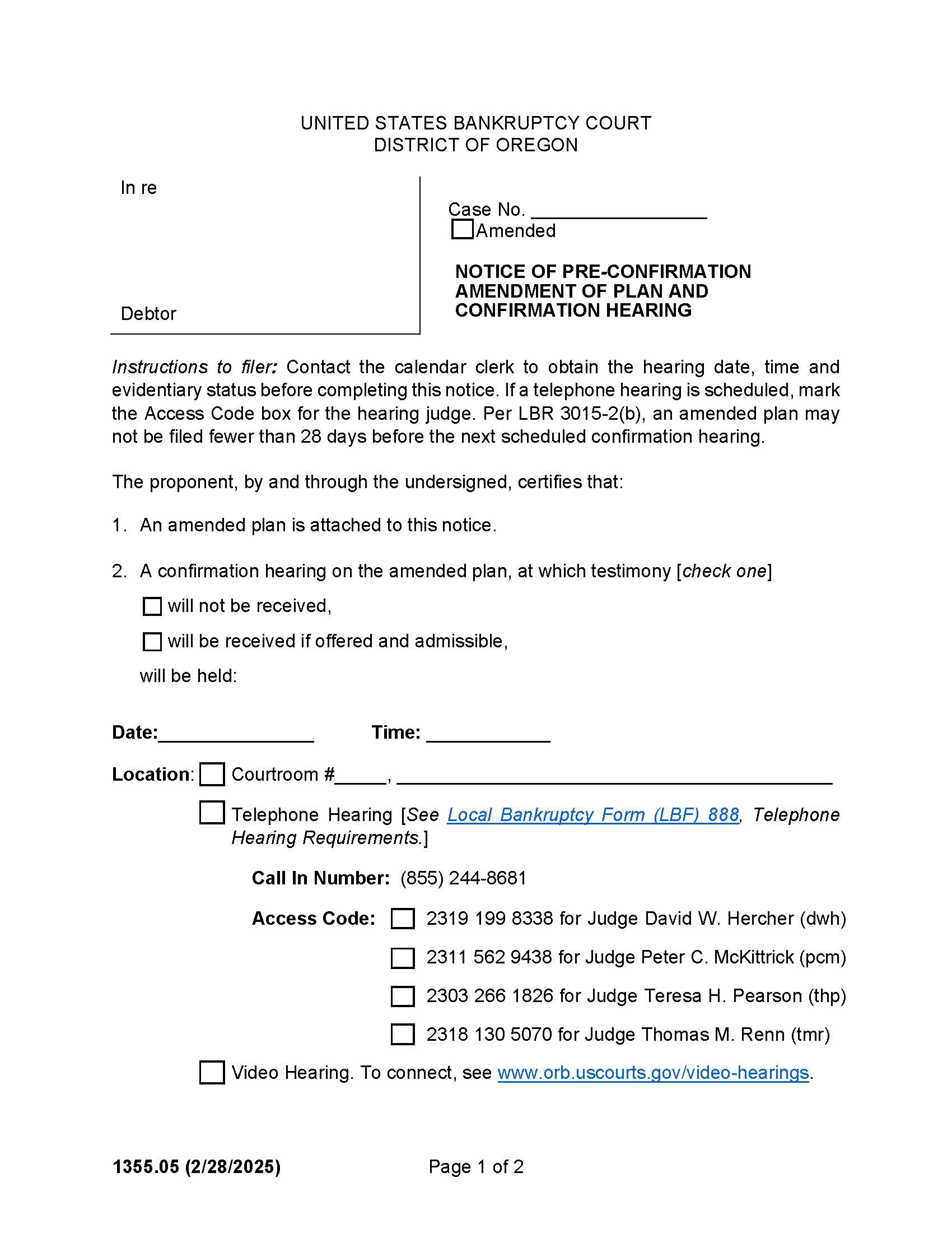 Notice Of Pre Confirmation Amendment Of Plan And Confirmation Hearing {1355.05} | Pdf Fpdf Docx | Oregon