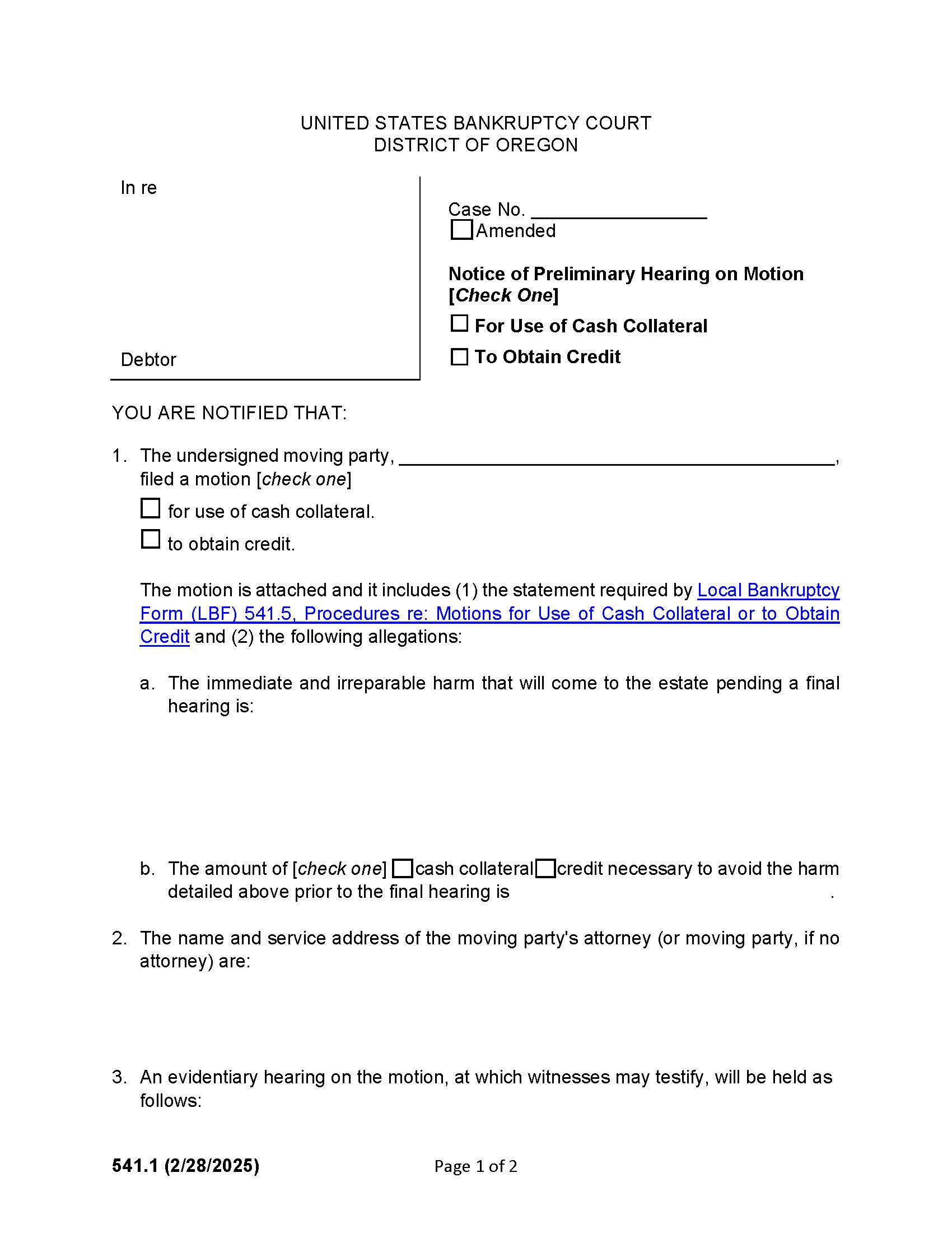 Notice Of Preliminary Hearing For Cash Collateral Or Credit {541.1} | Pdf Fpdf Docx | Oregon