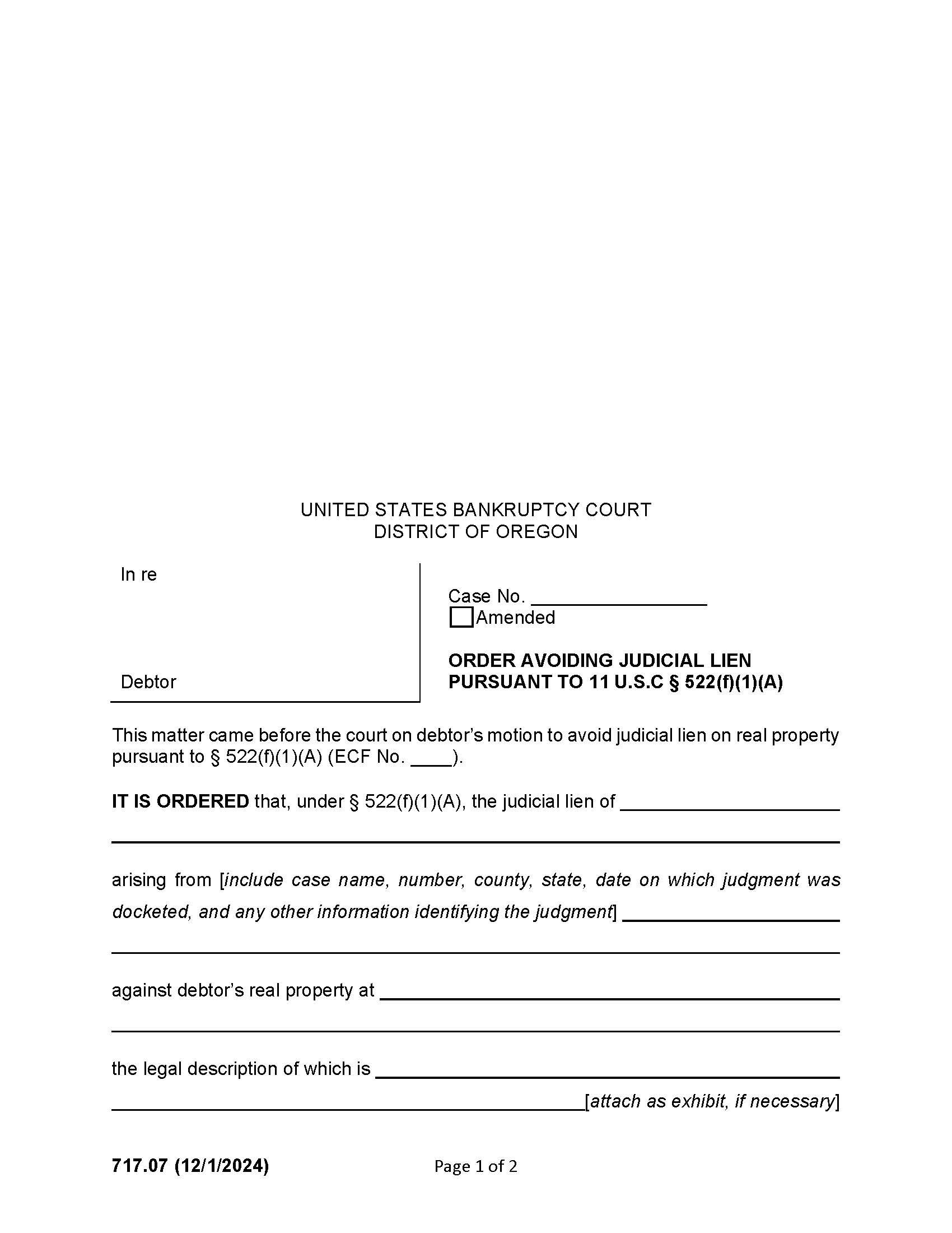 Order Avoiding Judicial Lien {717.07} | Pdf Fpdf Doc Docx | Oregon