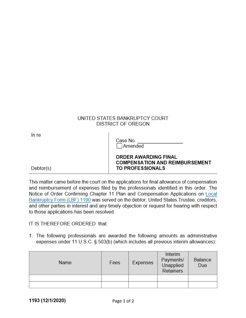 Order Awarding Final Compensation And Reimbursement To Professionals {1193} | Pdf Fpdf Doc Docx | Oregon