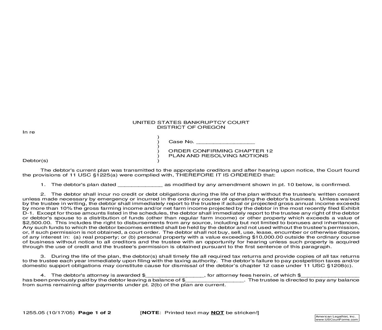 Order Confirming Chapter 12  Plan And Resolving Motions (For Cases Filed On Or After 10-17-05) {1255.05} | Pdf Fpdf Doc Docx | Oregon