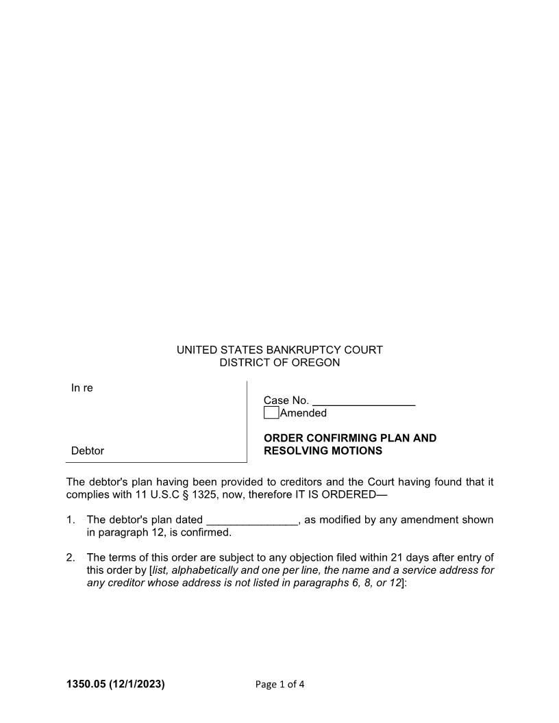 Order Confirming Chapter 13  Plan And Resolving Motions (For Cases Filed On Or After 10-17-05) {1350.05} | Pdf Fpdf Doc Docx | Oregon