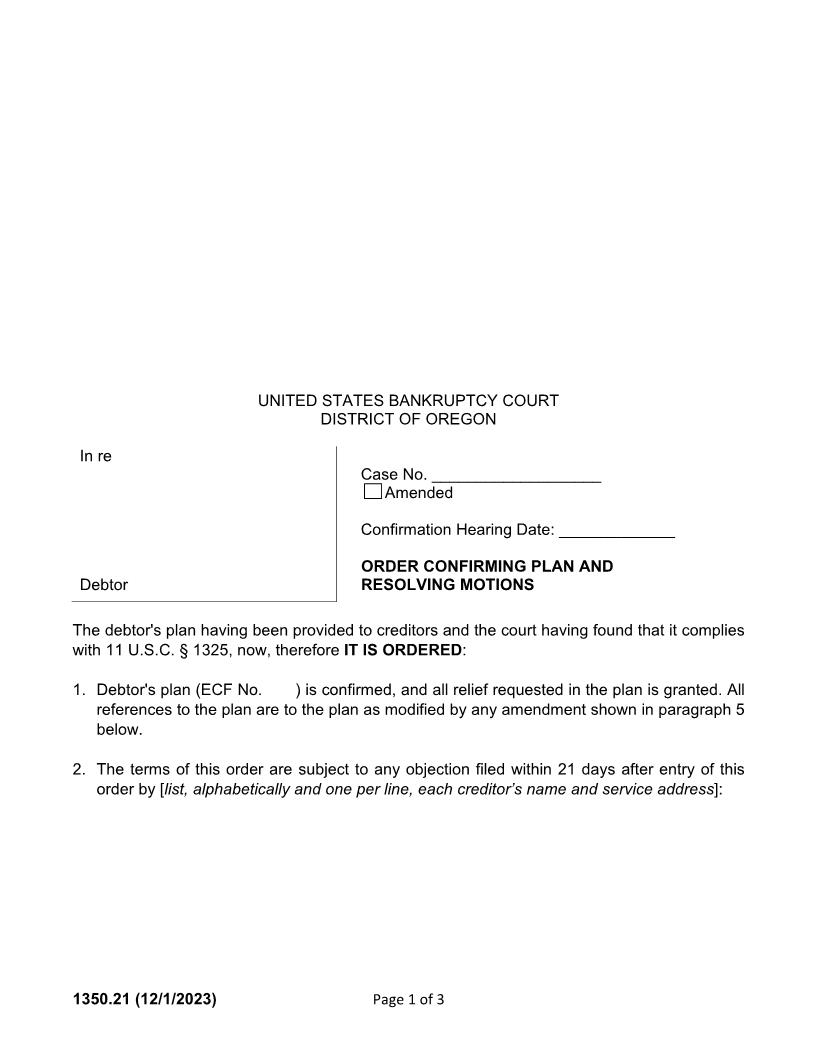 Order Confirming Plan 2021 {1350.21} | Pdf Fpdf Docx | Oregon