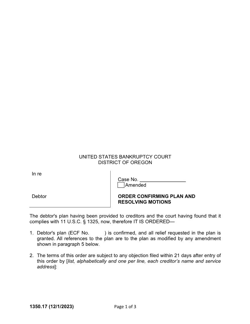 Order Confirming Plan And Resolving Motions {1350.17} | Pdf Fpdf Docx | Oregon