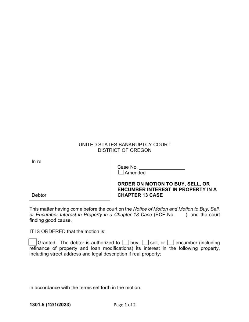 Order On Motion By Chapter 13 Debtor To Buy Sell Or Encumber {1301.5} | Pdf Fpdf Docx | Oregon