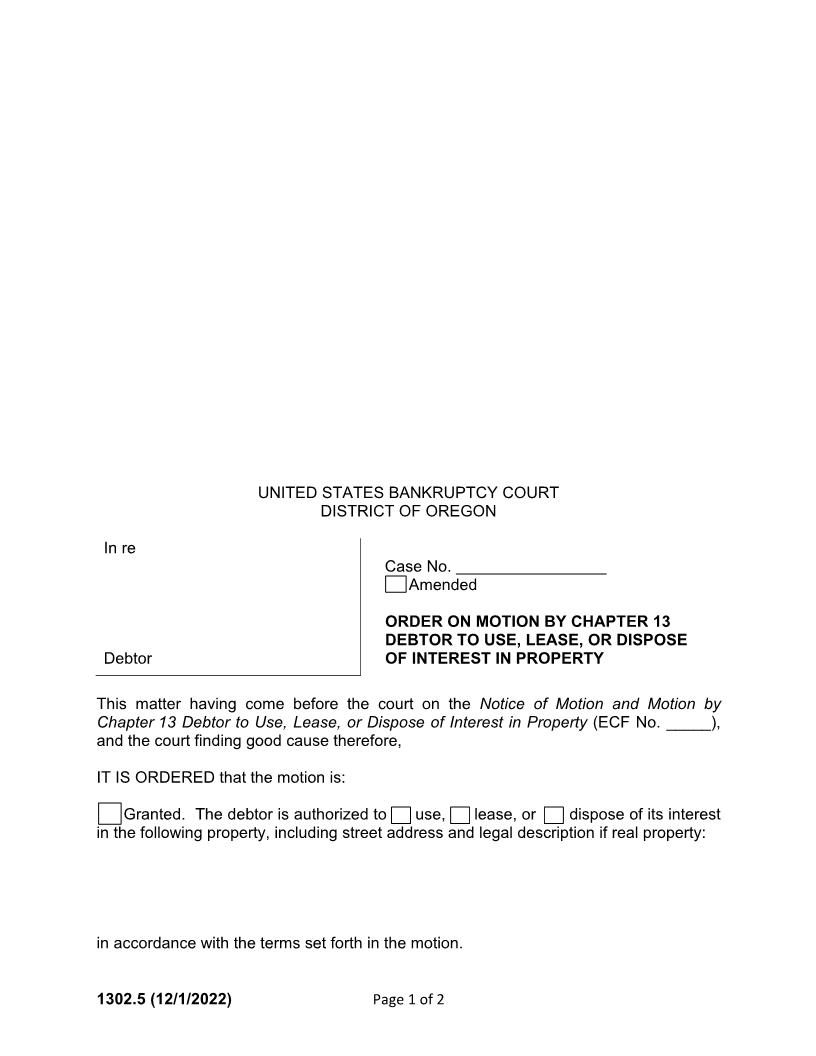 Order On Motion By Chapter 13 Debtor To Use Lease Or Dispose {1302.5} | Pdf Fpdf Docx | Oregon