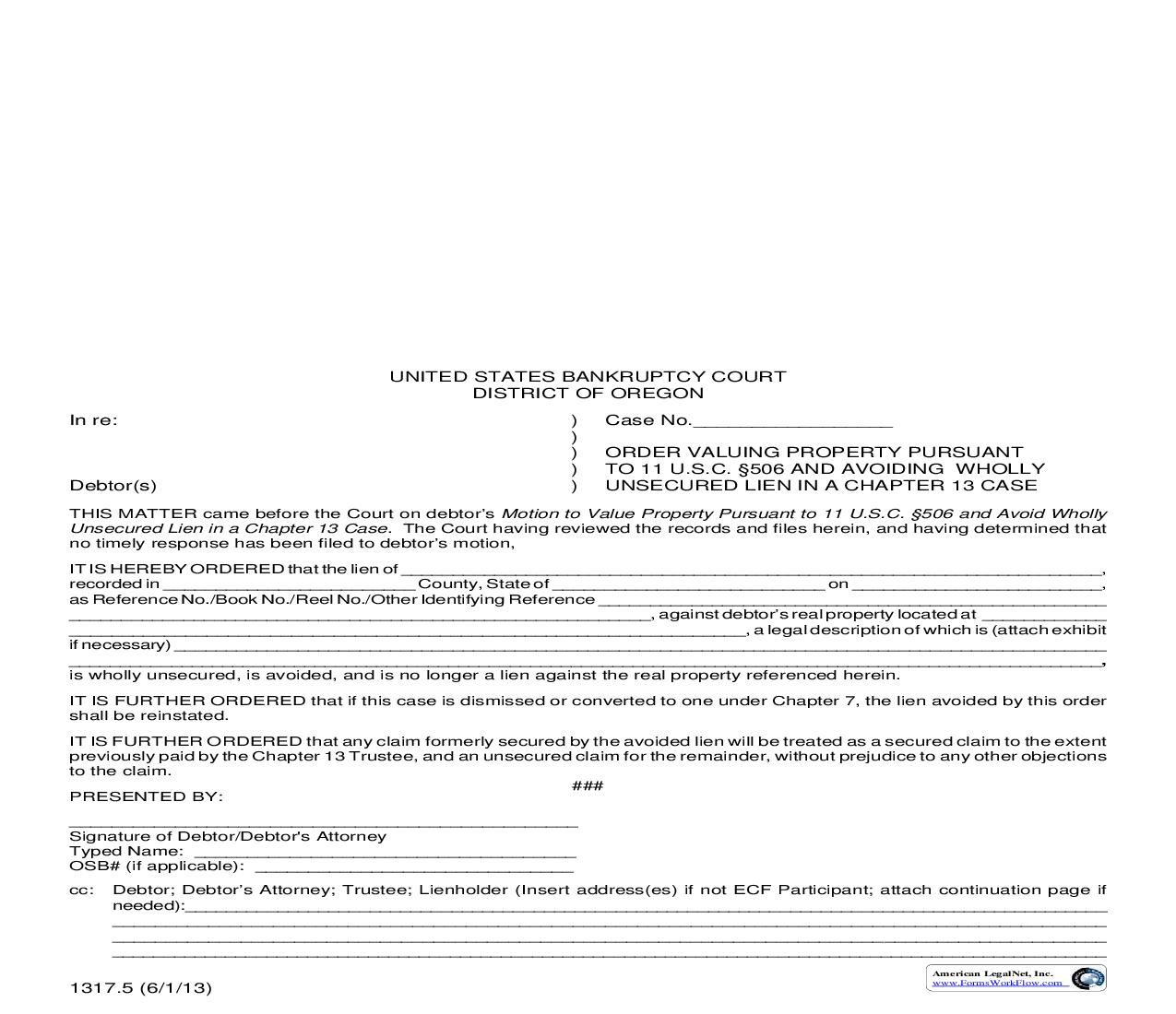 Order Valuing Pursuant To 11 USC 506 And Avoiding Wholly Unsecured Lien {1317.5} | Pdf Fpdf Doc Docx | Oregon