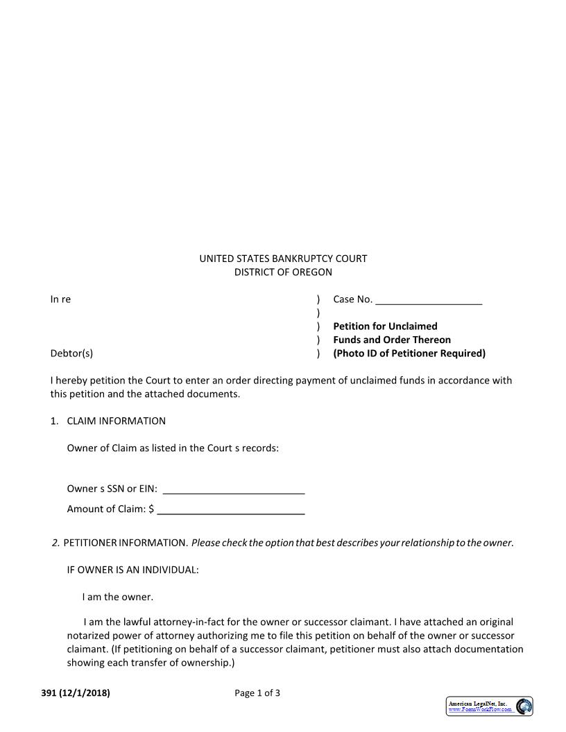 Petition For Unclaimed Funds And Order Thereon {391} | Pdf Fpdf Docx | Oregon