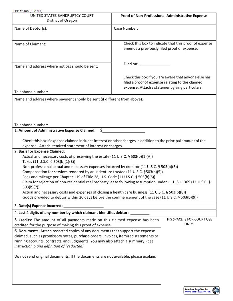 Proof Of Nonprofessional Administrative Expense {B10A} | Pdf Fpdf Docx | Oregon