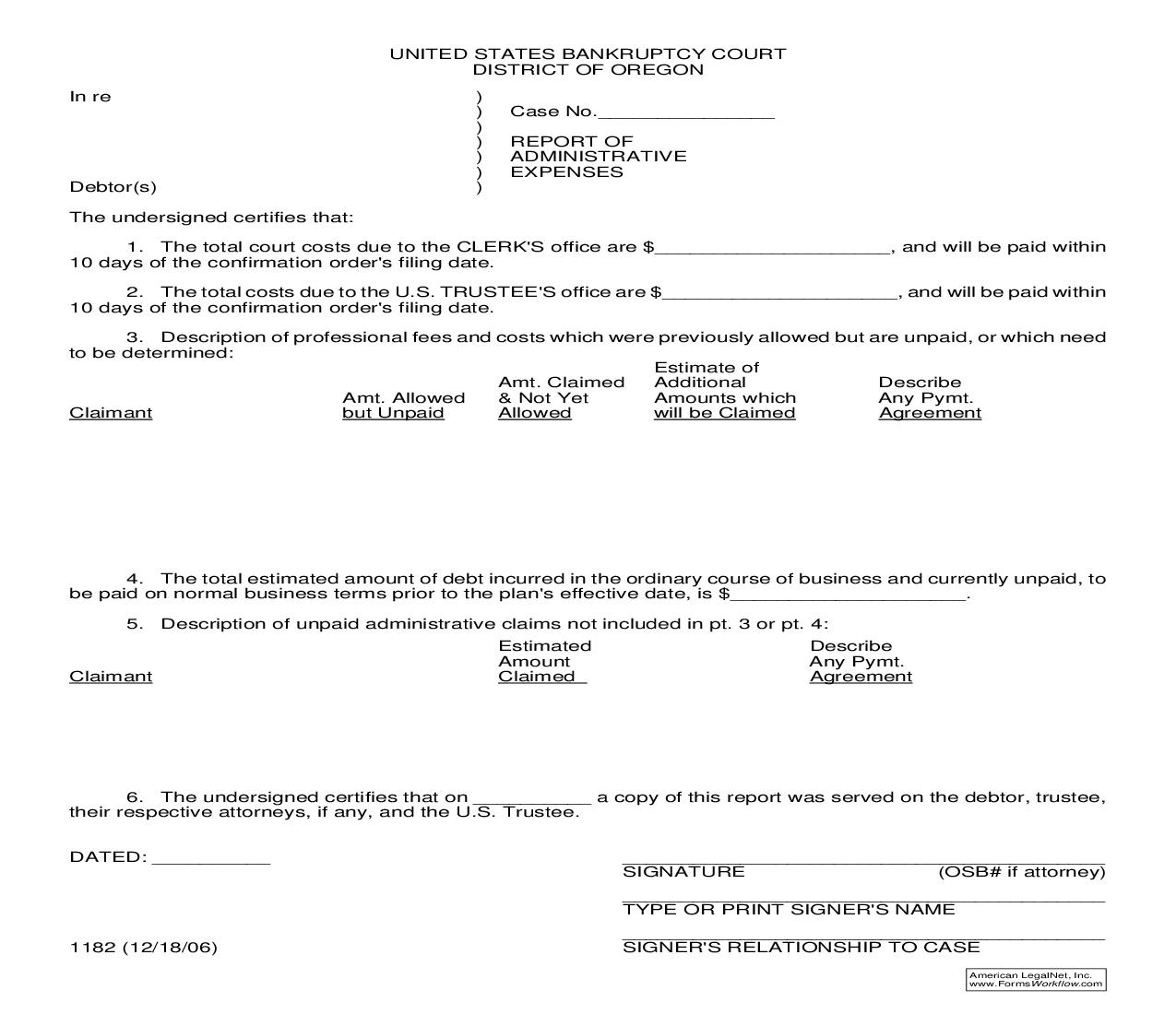 Report Of Administrative Expenses {1182} | Pdf Fpdf Doc Docx | Oregon