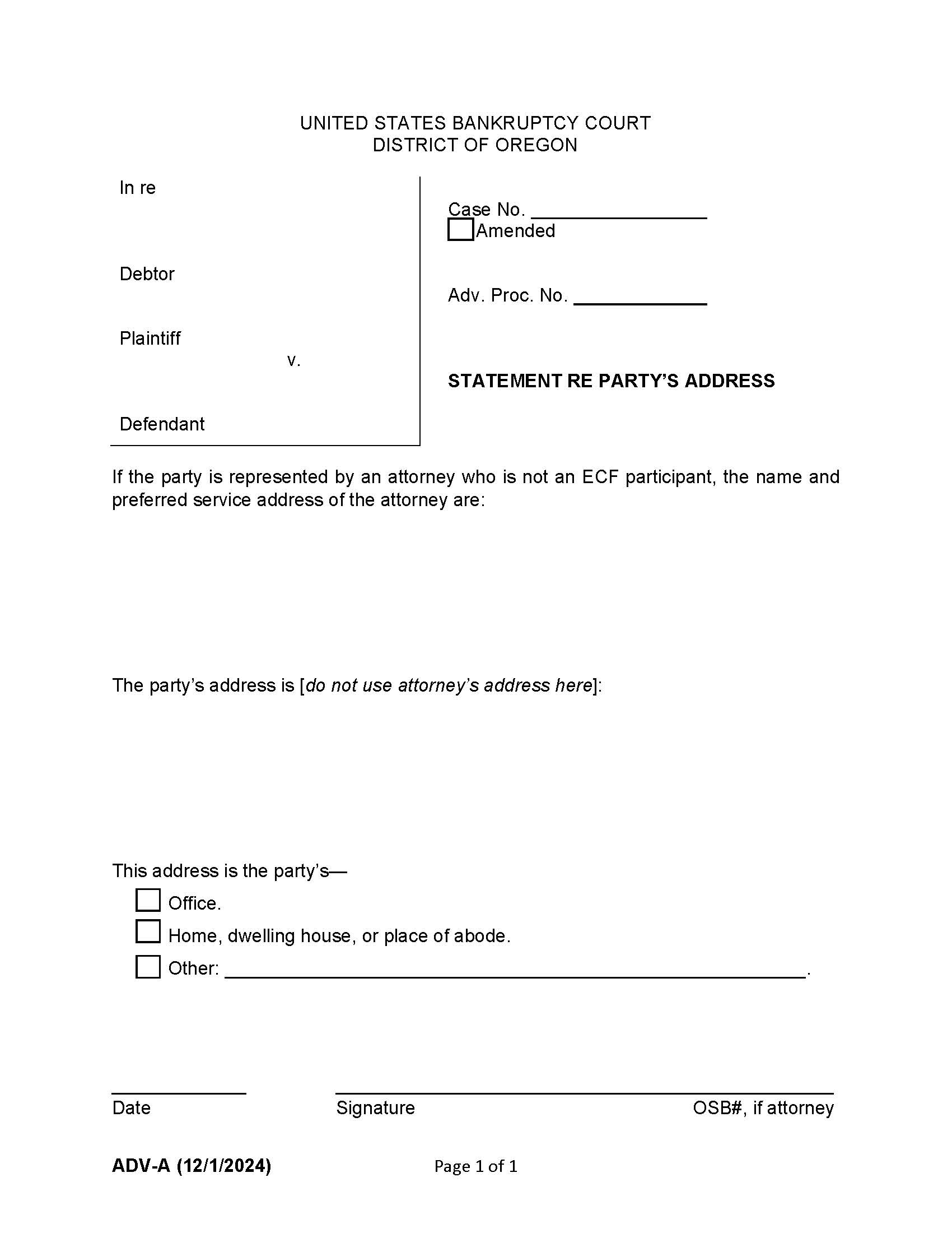 Statement Re Partys Address {ADV-A} | Pdf Fpdf Docx | Oregon