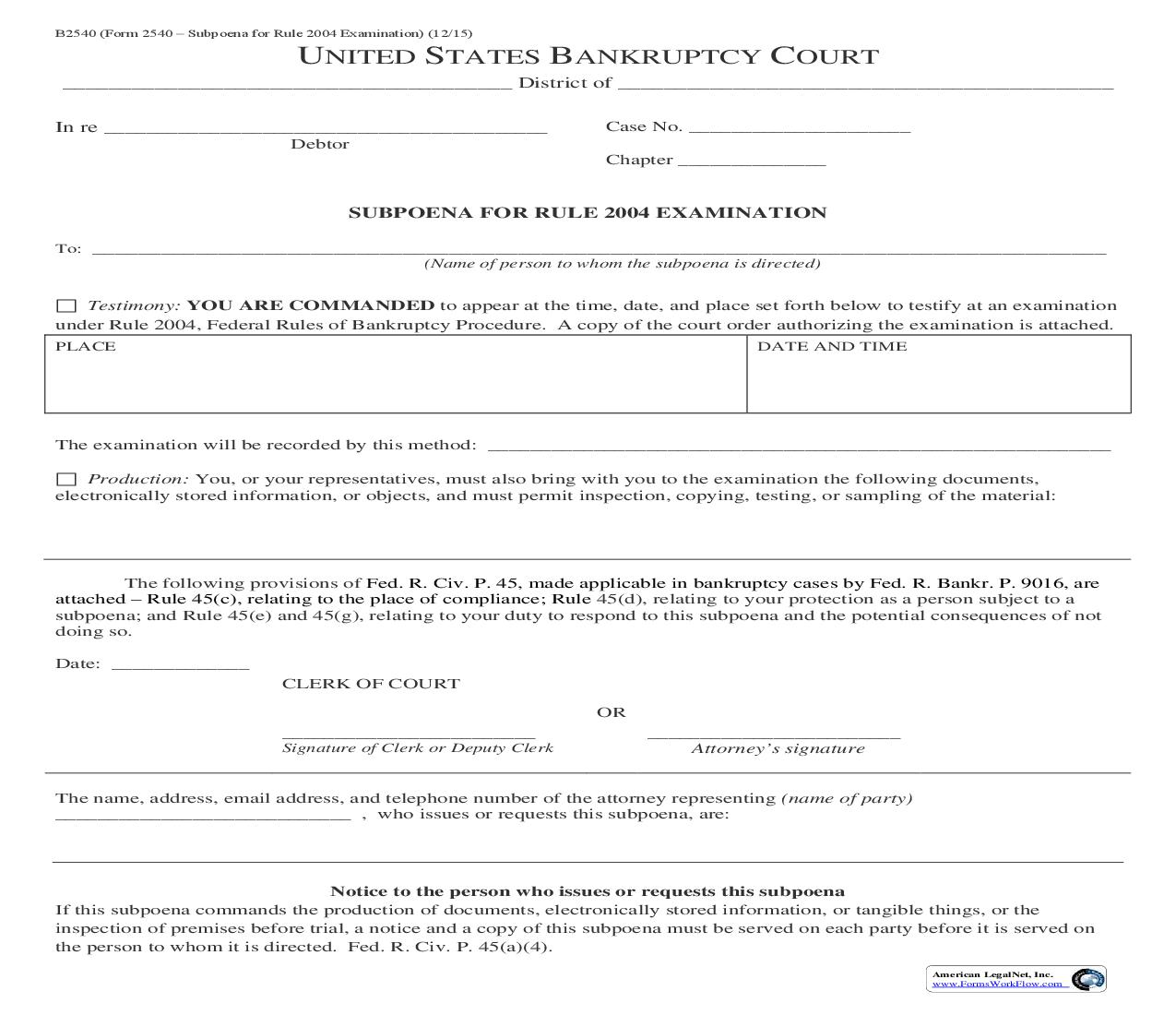 Subpoena for Rule 2004 Examination {B2540} | Pdf Fpdf Doc Docx | Oregon