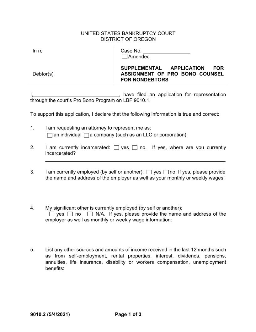 Supplemental Application Of Pro Bono Counsel For Nondebtors {9010.2} | Pdf Fpdf Docx | Oregon