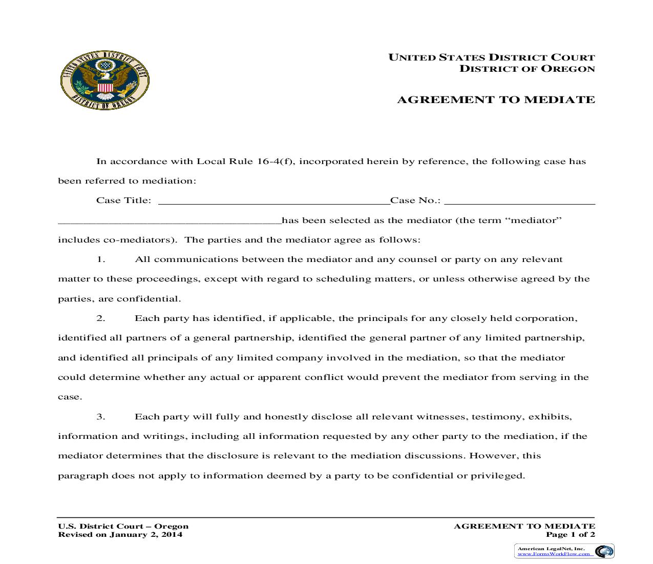Agreement To Mediate | Pdf Fpdf Doc Docx | Oregon