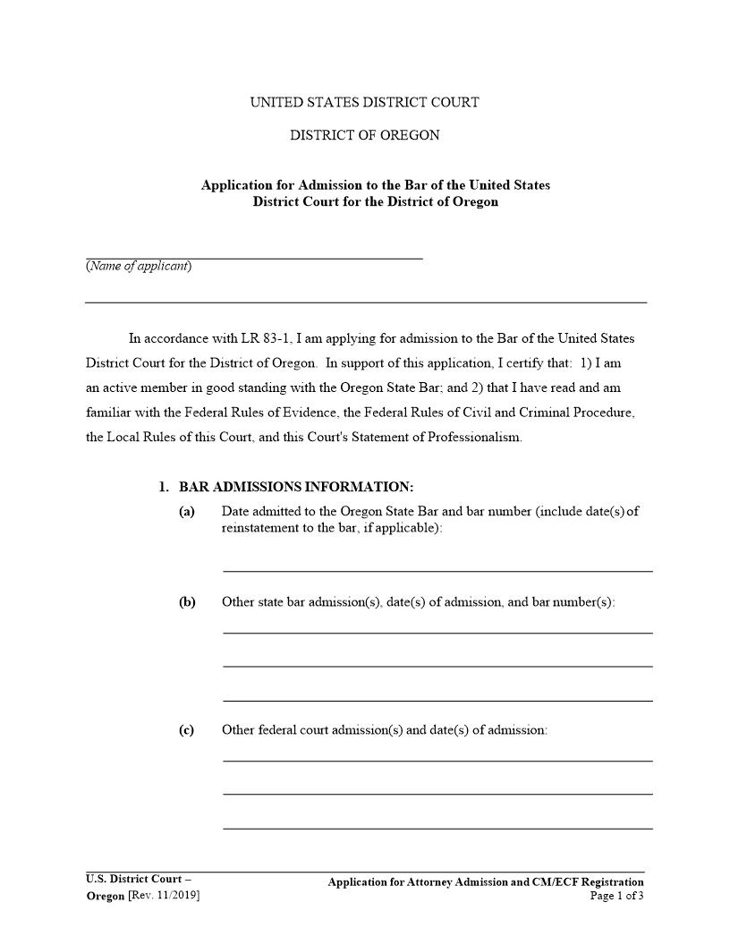 Application For Attorney Admission And CM ECF Registration | Pdf Fpdf Docx | Oregon