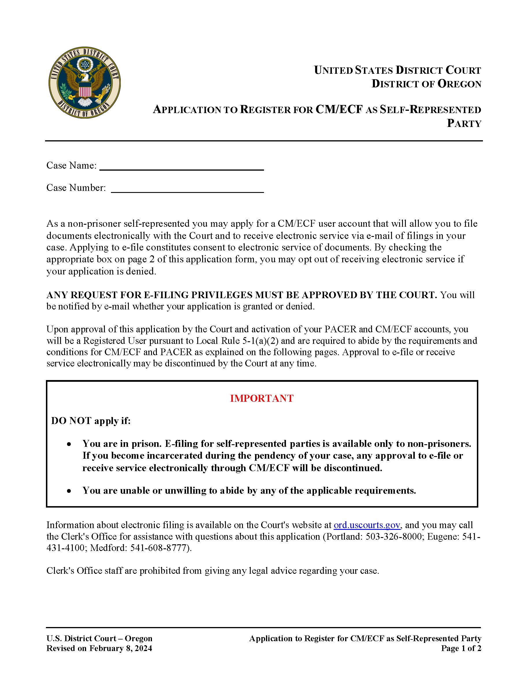 Application For CM-ECF Registration As A Self-Represented Party | Pdf Fpdf Docx | Oregon