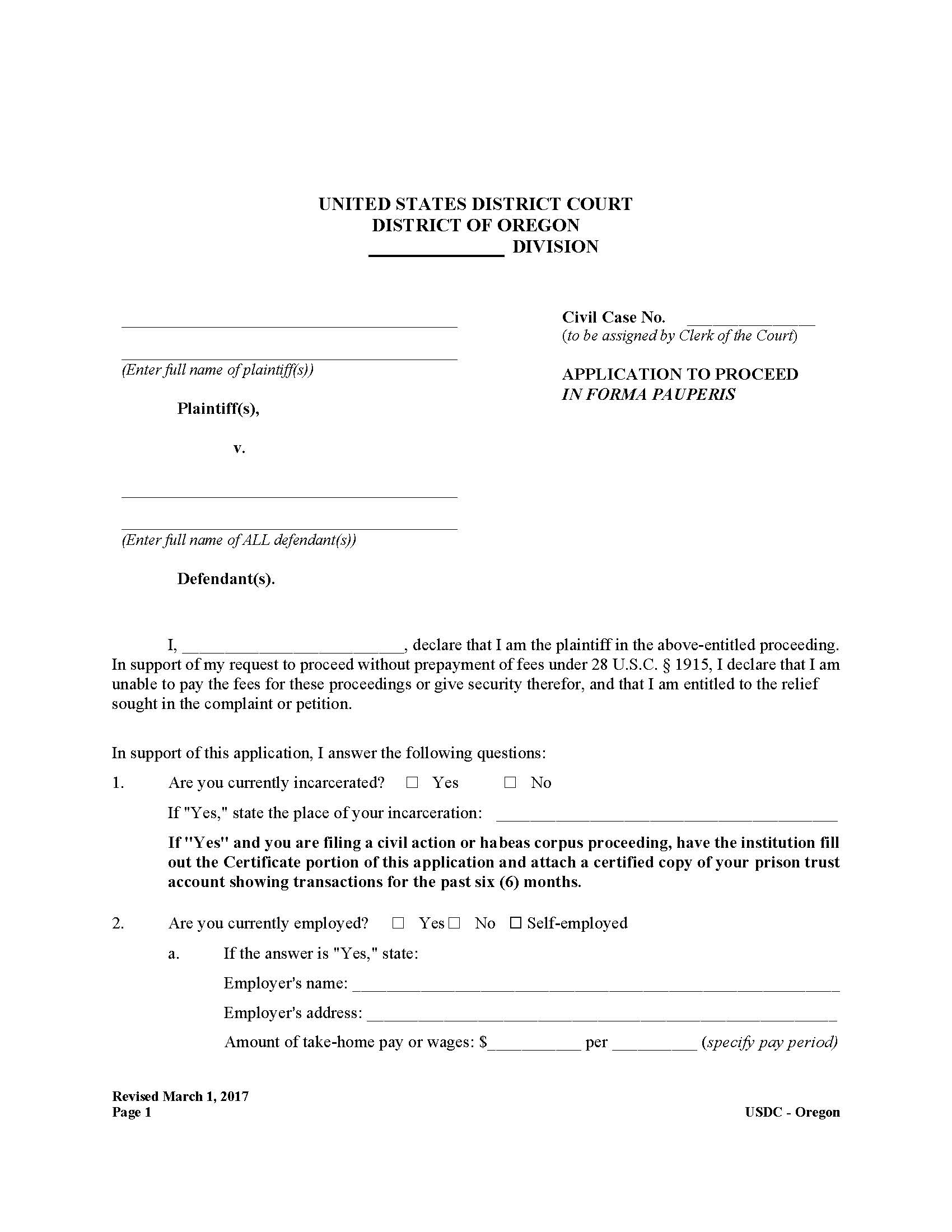 Application To Proceed In Forma Pauperis | Pdf Fpdf Docx | Oregon