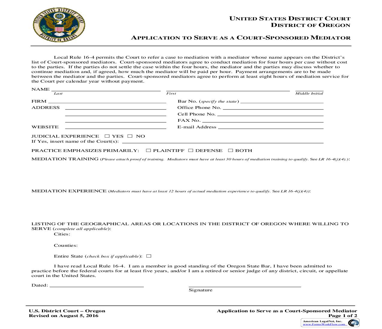 Application To Serve As A Court Sponsored Mediator | Pdf Fpdf Doc Docx | Oregon