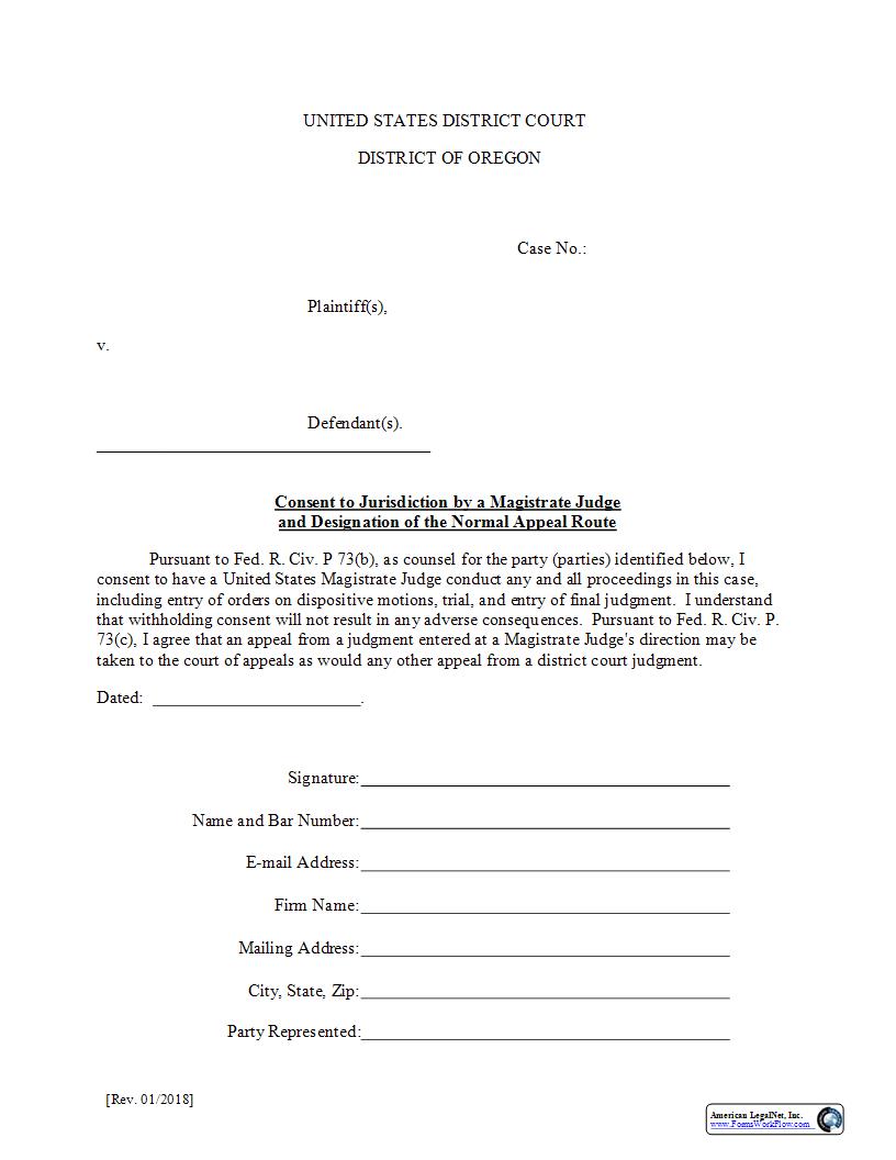 Consent To Jurisdiction By United States Magistrate Judge | Pdf Fpdf Docx | Oregon
