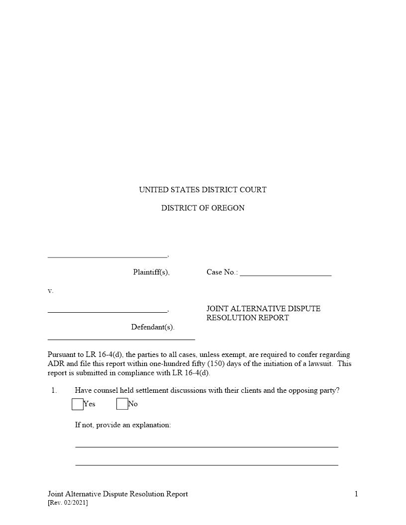 Joint Alternate Dispute Resolution Report | Pdf Fpdf Docx | Oregon