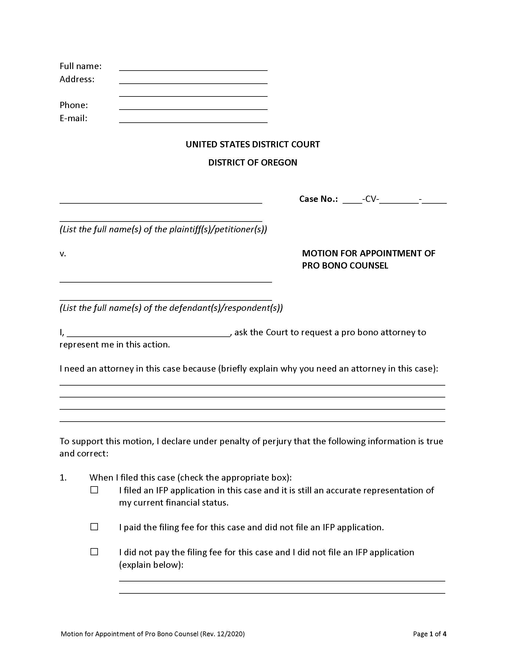 Motion For Appointment Of Pro Bono Counsel | Pdf Fpdf Docx | Oregon
