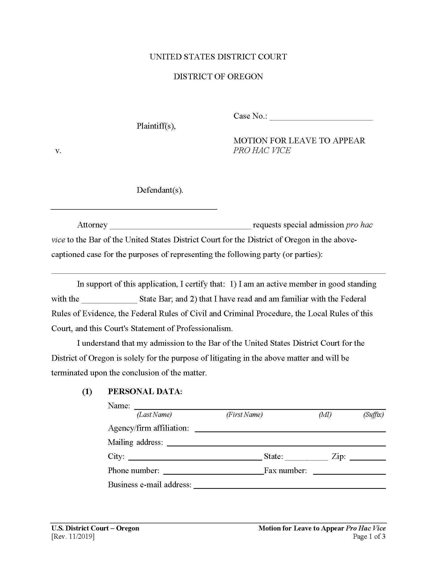 Motion For Leave To Appear Pro Hac Vice | Pdf Fpdf Docx | Oregon