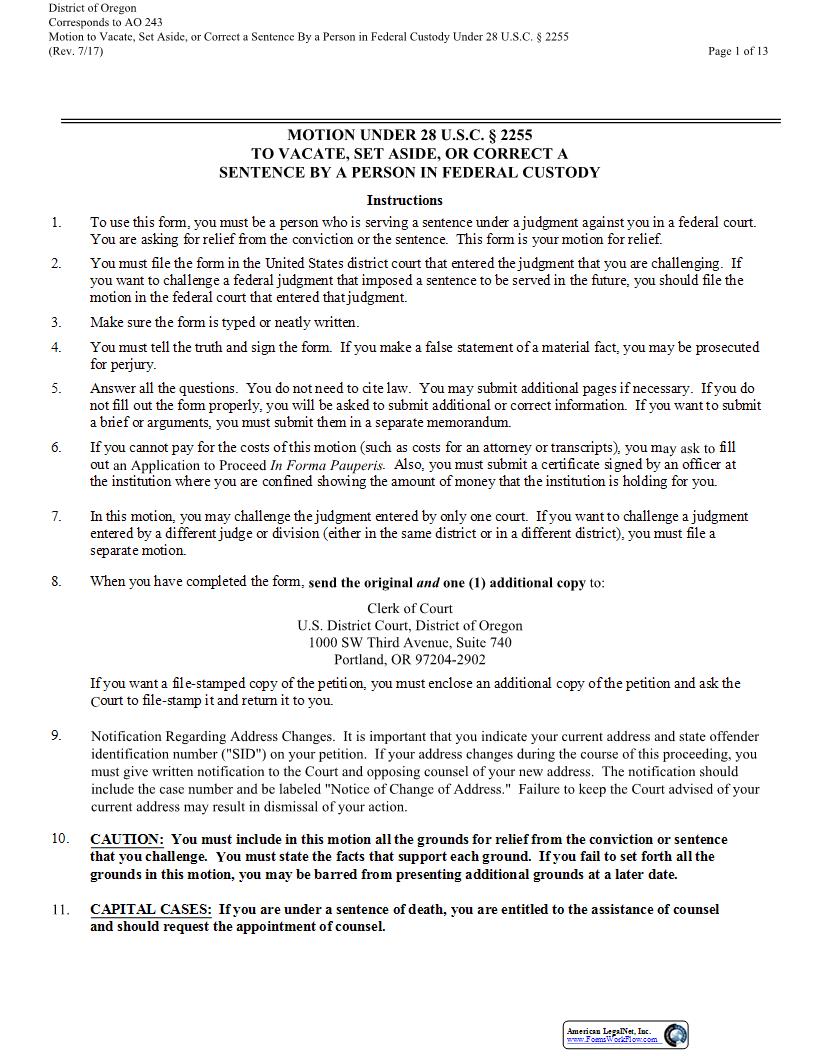 Motion To Vacate Set Aside Or Correct A Sentence By A Person In Federal Custody | Pdf Fpdf Docx | Oregon
