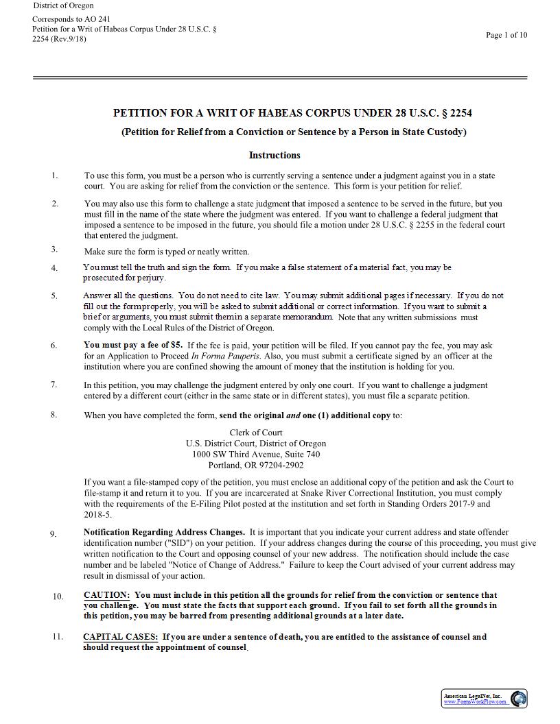 Petition For A Writ Of Habeas Corpus Pursuant To 28 U.S.C. § 2254 | Pdf Fpdf Docx | Oregon