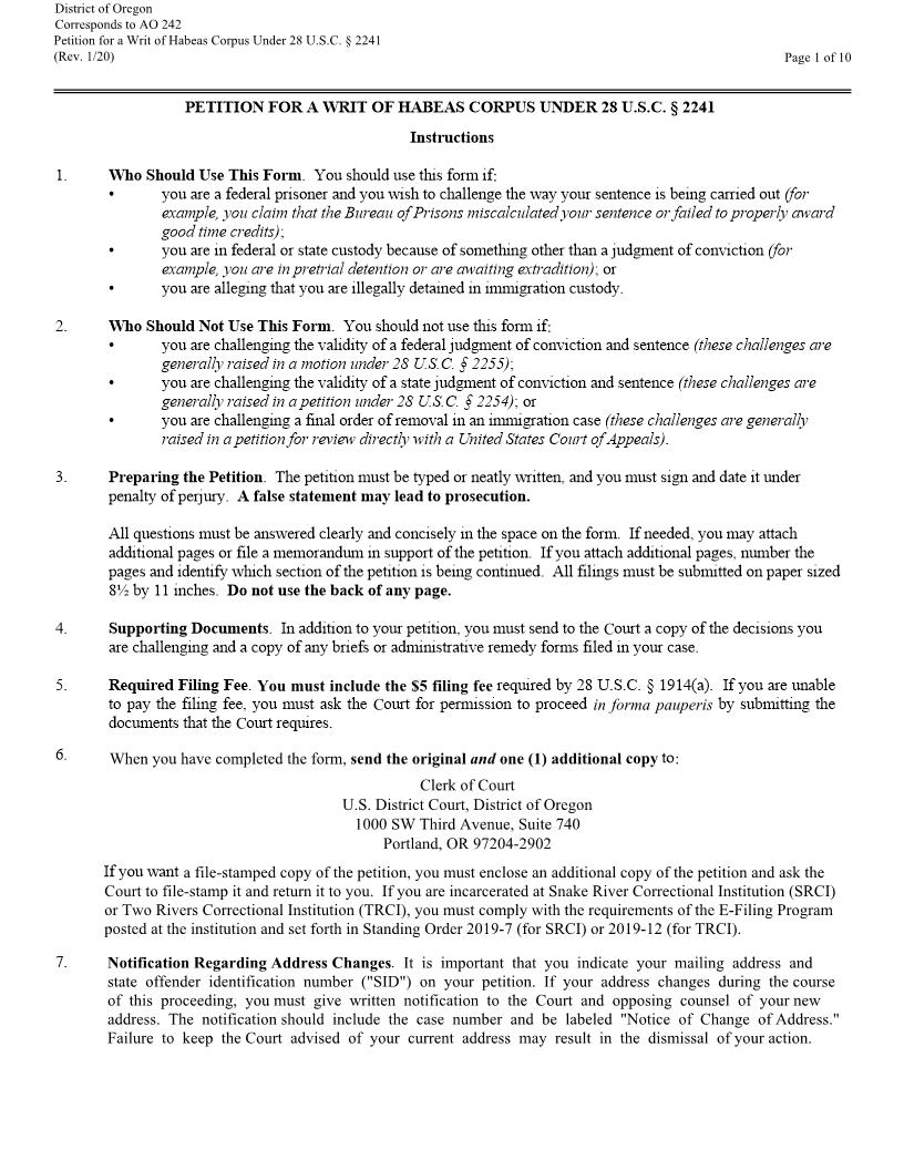 Petition For A Writ Of Habeas Corpus Pursuant To 28 U.S.C. 2241 | Pdf Fpdf Docx | Oregon