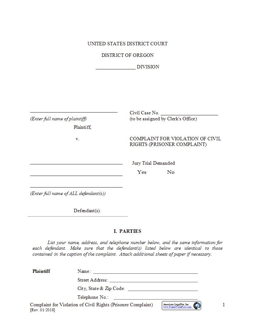 Prisoner Civil Rights Complaint | Pdf Fpdf Docx | Oregon