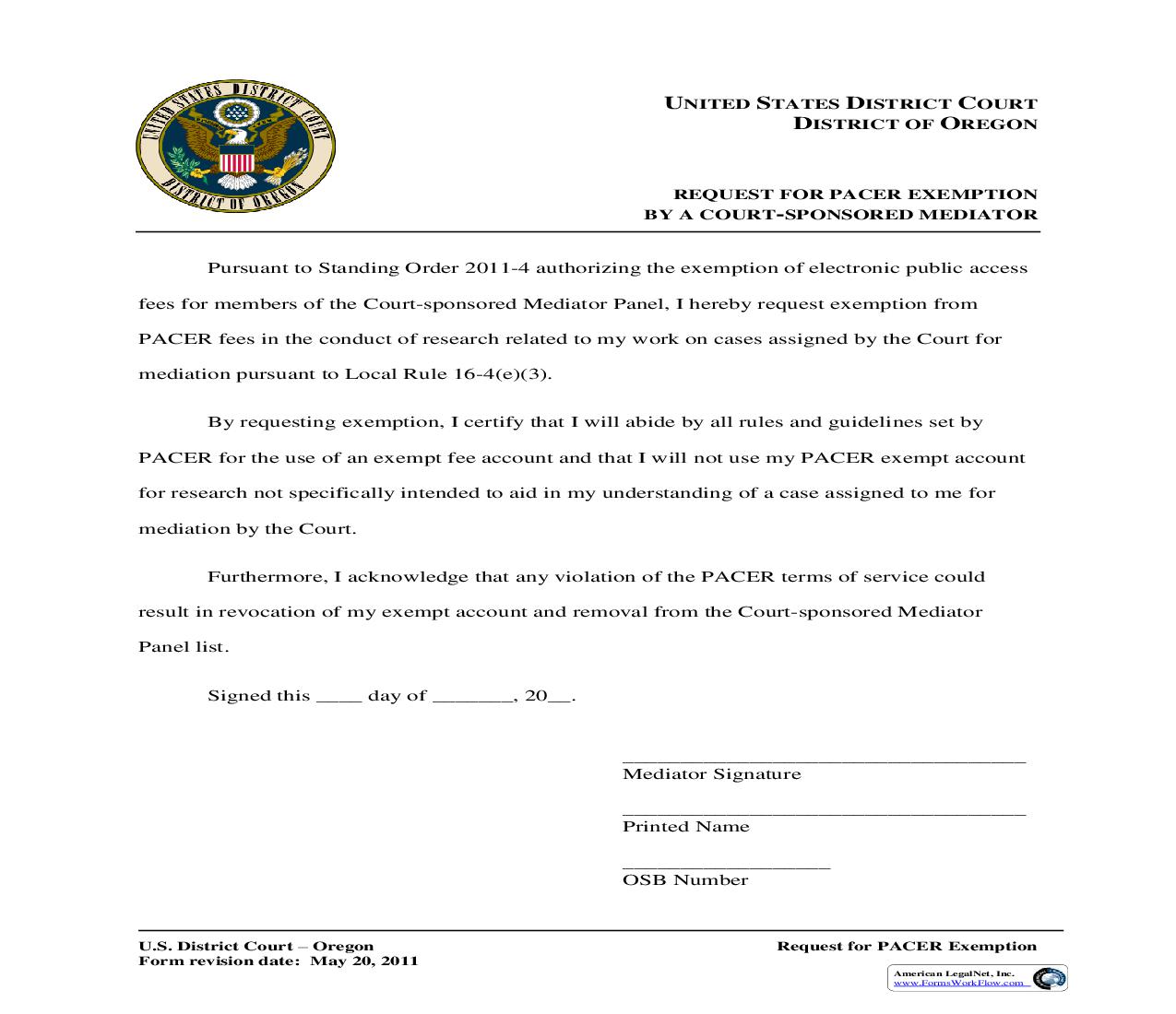 Request For PACER Exemption By A Court Sponsored Mediator | Pdf Fpdf Doc Docx | Oregon