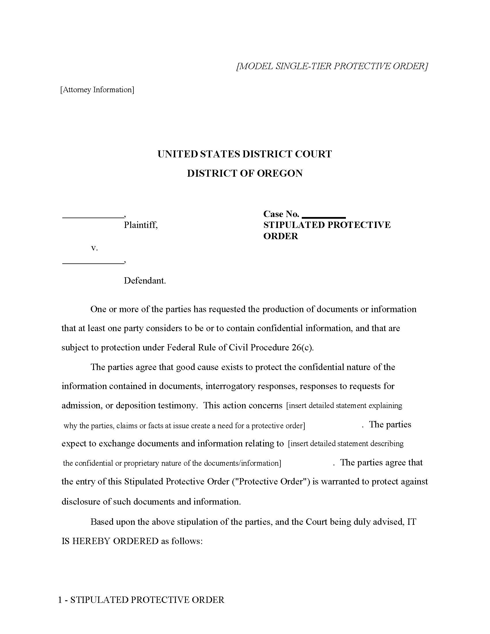 Tier 1 Protective Order | Pdf Fpdf Docx | Oregon