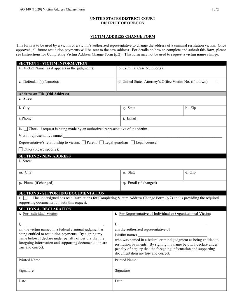 Victim Address Change Form | Pdf Fpdf Docx | Oregon