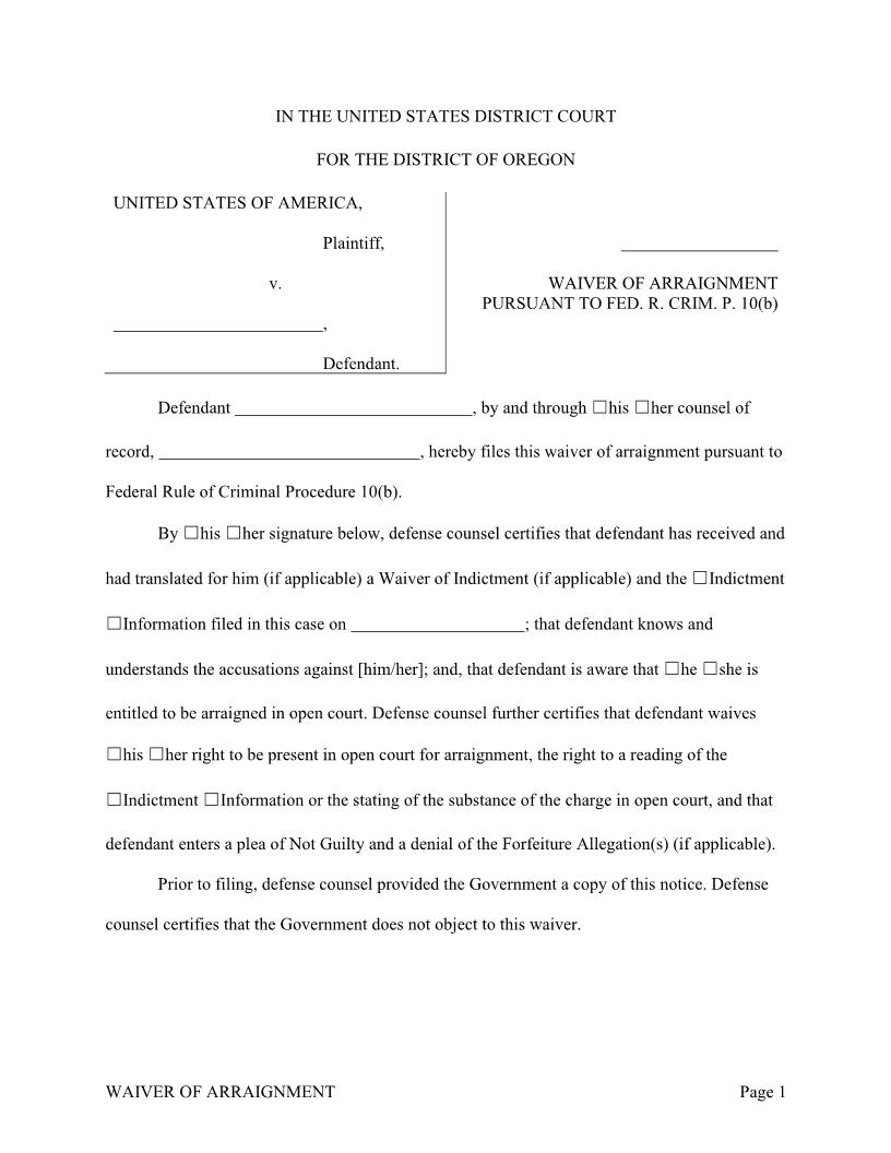 Waiver Of Arraignment | Pdf Fpdf Docx | Oregon