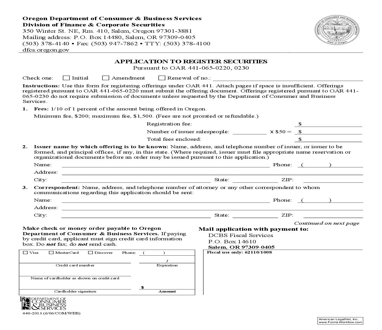 Application To Register Securities Pursuant To OAR 441-065-0220 0230 {440-2013} | Pdf Fpdf Doc Docx | Oregon
